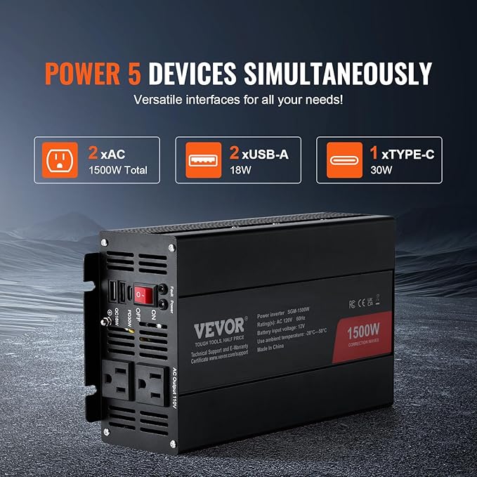 VEVOR Modified Sine Wave Inverter, 1500W, DC 12V to AC 120V Power Inverter with 2 AC Outlets 2 USB Port 1 Type-C Port 6 Spare Fuses, for Small Home Devices Like Smartphone Laptop, CE FCC Certified