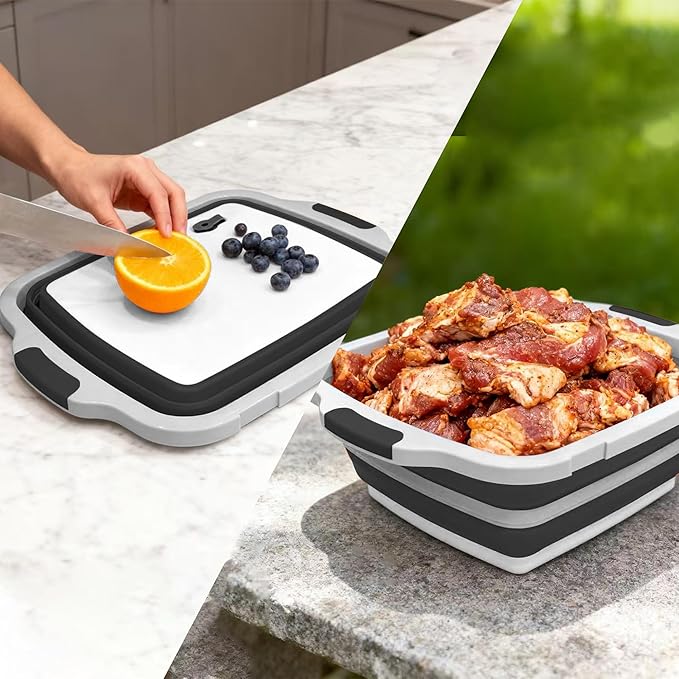 Collapsible BBQ Prep Tub with Cutting Board & Lid, Folding Food Container BPA-Free Heavy-Duty, Dishwasher Safe, Upgraded Drain Hole - for Camping, Grilling Outdoor Cooking (Black, X-Large)