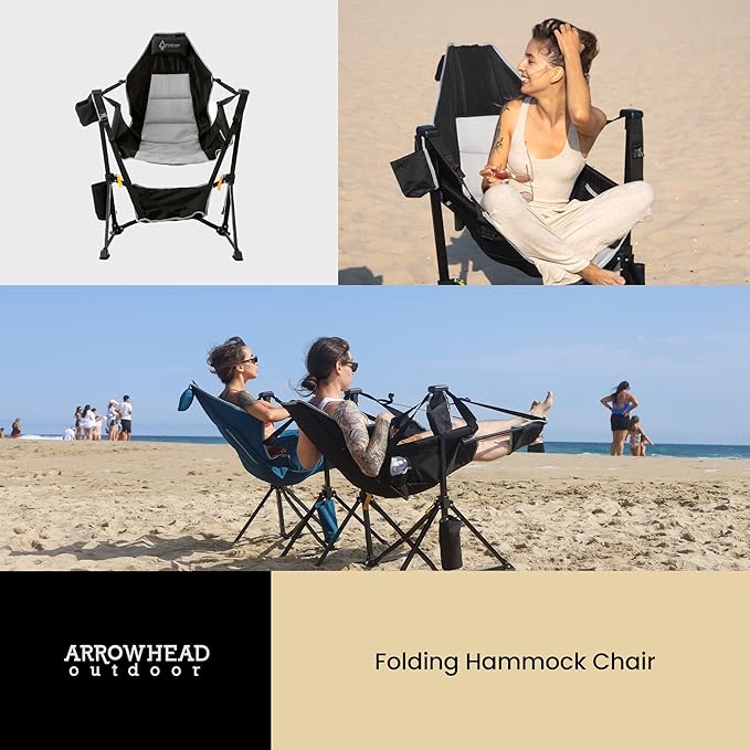 Arrowhead Outdoor Folding Hammock Camp Chair with Detachable Footrest, Stabilized Feet, Padded Headrest and Seat, Large Cup Holders, 300 LBS Weight Capacity, for Camping, Beach, Tailgating