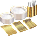 bUCLA 150Pcs Clear Gold Plastic Dinnerware Set - Clear and Gold Disposable Plates Include 25 Dinner / 25 Dessert Plates,25 Knives,25 Forks,25 Spoons,25 Cups for Party