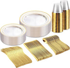 bUCLA 150Pcs Clear Gold Plastic Dinnerware Set - Clear and Gold Disposable Plates Include 25 Dinner / 25 Dessert Plates,25 Knives,25 Forks,25 Spoons,25 Cups for Party