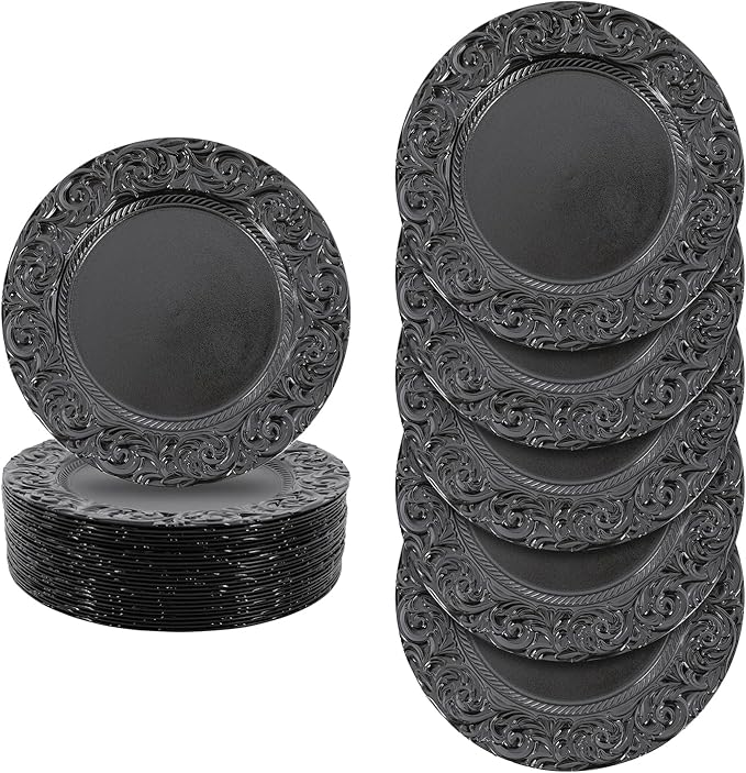 50 Pcs Black Charger Plates Bulk, 13" Round Dinner Charger Plates, Decorative Plastic Embossed Table Chargers for Wedding Holiday Party Baby Shower Event Decoration (Black)