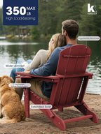 KINGYES Folding Adirondack Chair Set of 2, Dual Cup Holders & All-Weather HDPE, Wood-Like Patio Chair for Backyard, Camping, Pool & Fire Pit, Dark Red