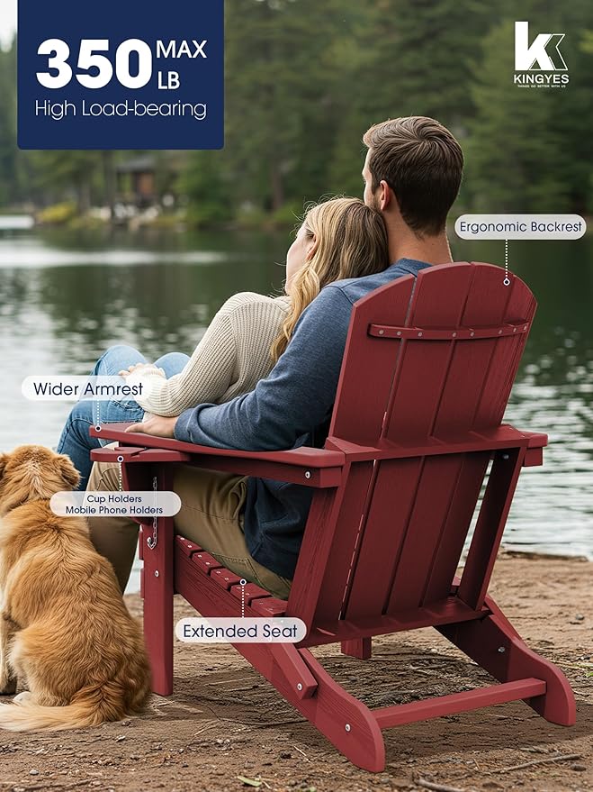 KINGYES Folding Adirondack Chair with Dual Cup Holders - HDPE All-Weather Outdoor Chairs, Wood-Like Patio Chair for Backyard, Camping, Pool & Fire Pit, Dark Red