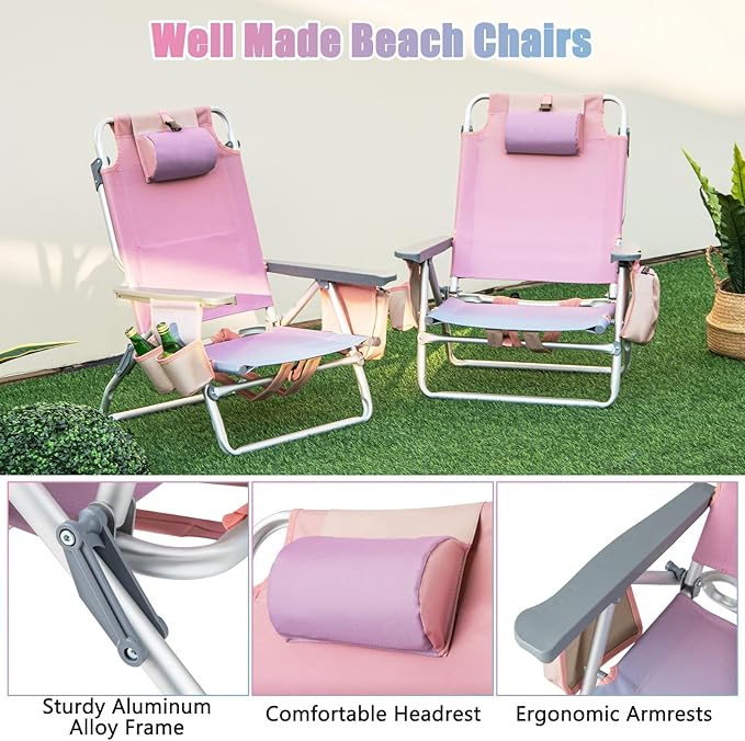 GYMAX Beach Chairs, Backpack Camping Chair with Armrest, Cooler Bag, Cup Holder, Towel Bar & Side Pockets, Sunbath Sling Tanning Lounge, Folding Layout Chair (4 Chairs Without Table, Pink)