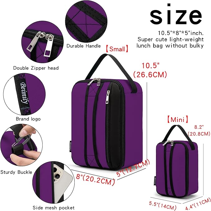 BEIMILY Lunch Box for Men Women Adults,Small Insulated Lunch Bag for Office Work Picnic,Reusable Portable Lunchbox,Soft Cooler Tote Bag(Dark Purple)