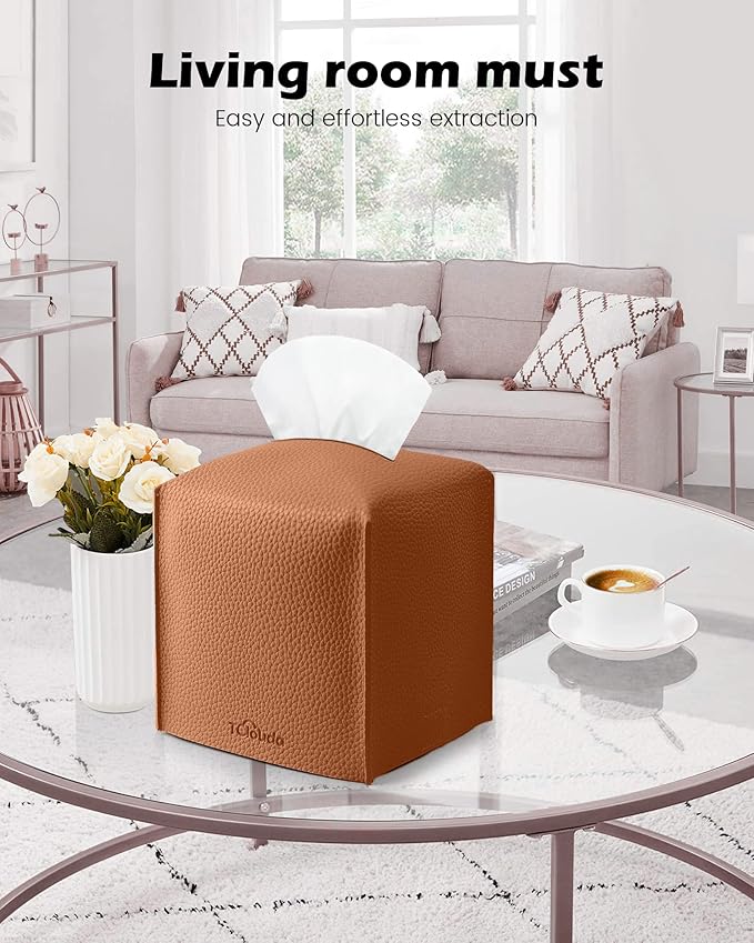 Tissue Box Cover for PU Leather, Modern Simple Solid Color Holder Square Tissue Bag, Ideal for Bathrooms,Office,Car,Nightstand,Outdoor Tent,Dining Table,5"X5"X5", Single Camel