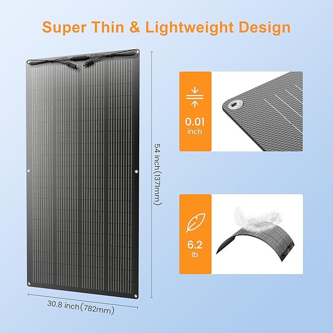 200 Watts Flexible Solar Panel, N Type Portable Bendable 24 Volts 10BB Mono Cell 25.3% Efficiency for RV Camping Home Boat Marine Curve Surface Black