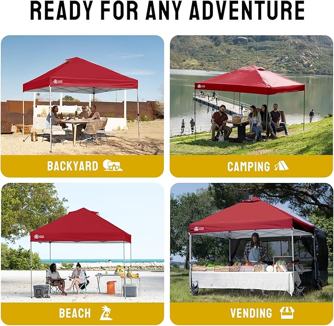 CROWN SHADES 10x10 Pop Up Canopy - Beach Tent with One Push Setup - Easy Outdoor Sun Shade for Events, Parties, Camping - Gazebo with STO-N-Go Cover Bag, Silver Coated Top, Red