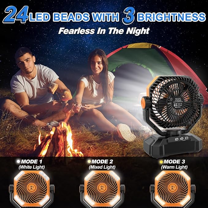 20000mAh Rechargeable Camping Fan, 5 Speed Powerful Battery Powered Fan for Camping, Oscillating Fan with LED Lantern, Portable with Timing Setting, Remote Control for Camping Hiking Fishing Jobsite