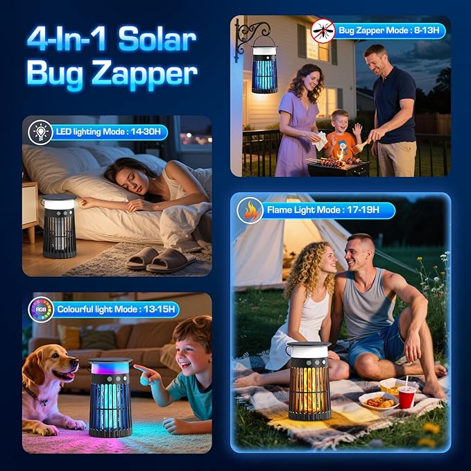 Solar Bug Zapper Outdoor, Waterproof Mosquito Zapper with RGB & Flame Light, 4200V Electric Bug Zapper Indoor, 4000mAh Rechargeable Mosquito Killer Fly Zapper Trap for Patio Backyard Kitchen Camping