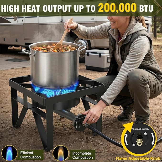 BESTFIRE 200,000 BTU Heavy Duty Propane Burner, High Pressure Outdoor Gas Stove with 0-20 PSI Adjustable Regulator & Hose, Portable Single Burner for Home Brewing, Turkey Fryer, Wok Cooking & Camping