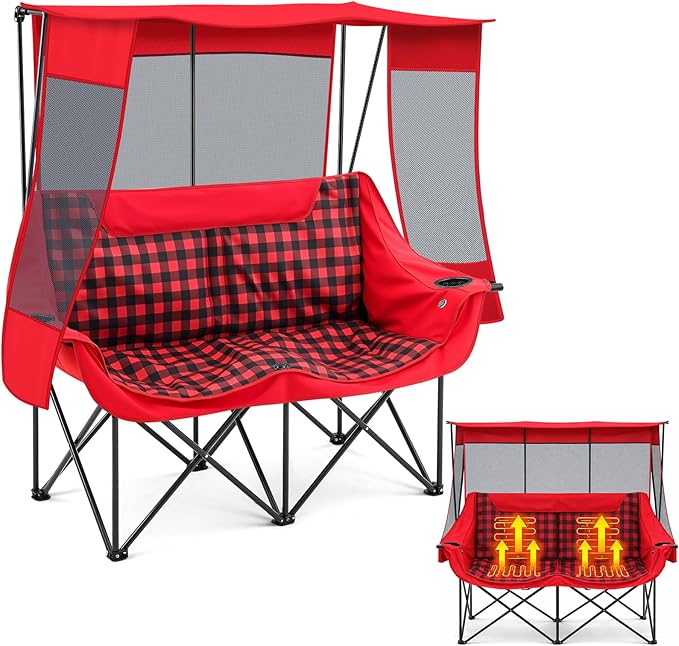 Double Camping Chair with Canopy Shade Oversized Folding Loveseat with Roof, 660lbs Heavy Duty Outdoor Lawn Chair with Holders Pocket for Camping, Fishing (Heating Zones for Cool Evenings)(Red Plaid)