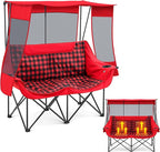 Double Camping Chair with Canopy Shade Oversized Folding Loveseat with Roof, 660lbs Heavy Duty Outdoor Lawn Chair with Holders Pocket for Camping, Fishing (Heating Zones for Cool Evenings)(Red Plaid)
