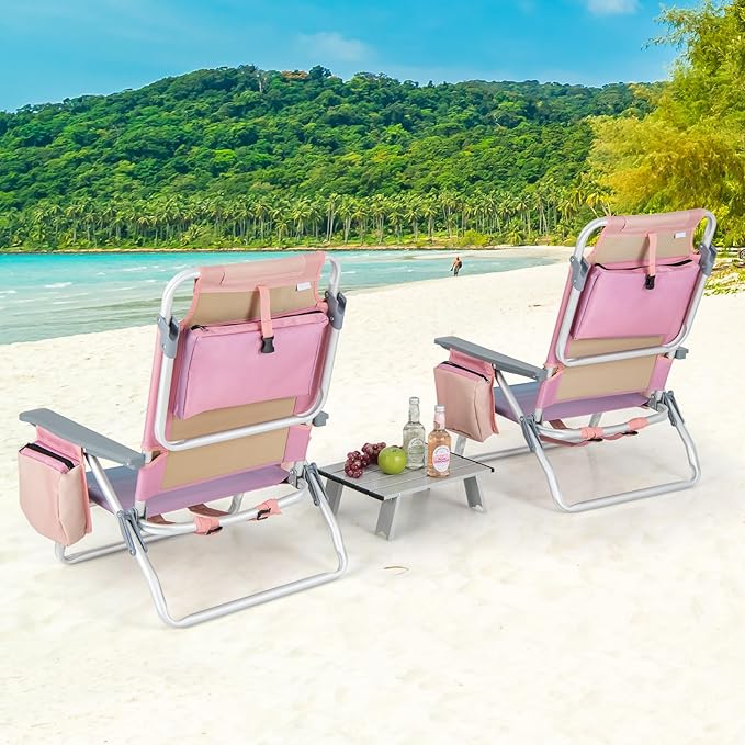 Goplus Beach Chair, Folding Backpack Beach Chairs for Adults with 5 Positions, Head Pillow, Cooler Bag, Towel Bar, Cup Holders, Sunbath Sling Tanning Lounge, Foldable Layout Camping Chairs