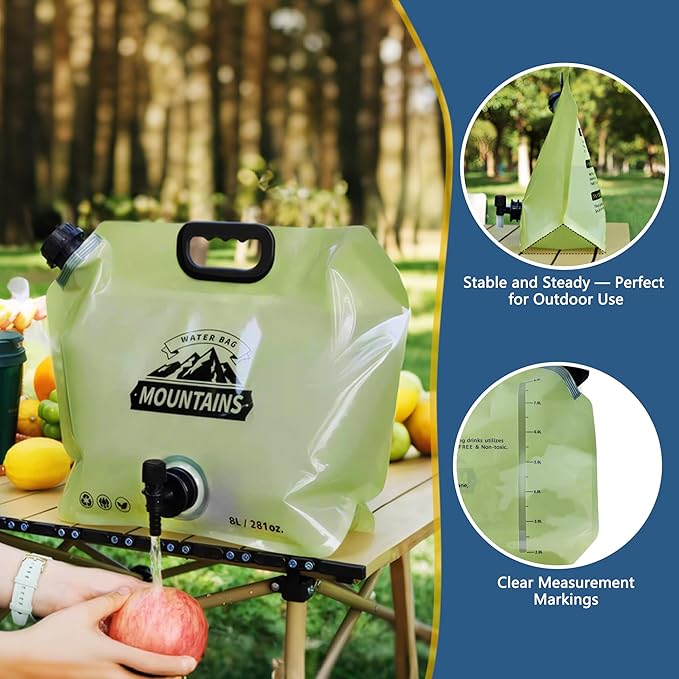 Water Jug Camping 2.1 Gallon Collapsible with Spigot, BPA Free Portable Water Pouch Foldable Water Bags for Outdoor Hiking, Travel and Emergency & Water Storage Containers (Green-2Pcs)
