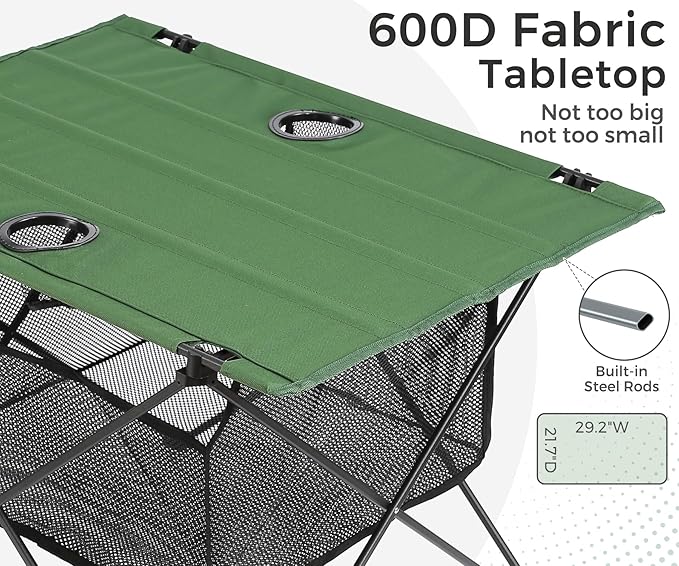 Lightweight Camping Table - Portable Folding Beach Side Table w/2 Cup Holders & Large Storage Basket, Compact Fold for Tailgate Travel Outdoor Fishing Picnic | 29.2" W x 21.7" D (Green)
