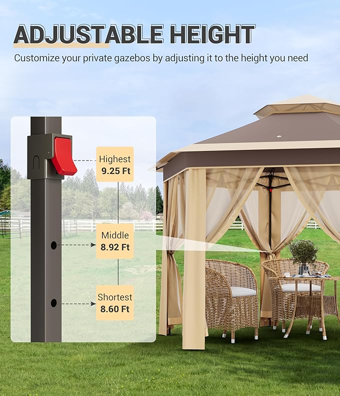 13x13 FT Pop-Up Gazebo – Double Roof, Mosquito Netting, Hexagonal Prompt Canopy Tent, UV & Rain Resistant, Adjustable Height, Portable Carry Bag for Patio, Backyard, Parties – Khaki + Beige