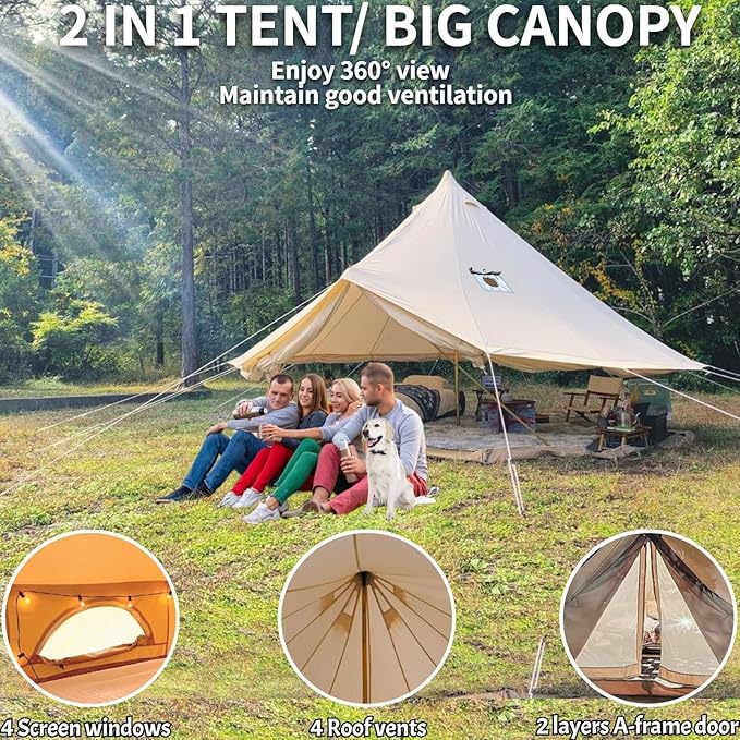 DANCHEL OUTDOOR B5PRO 4 Season Canvas Tent with Stove Jack Camping, Waterproof Bell Tent with AC Port Yurt All Year Living, Luxury Glamping for 4/6/8 Person Hunting Party, 13ft/16.4ft/20ft