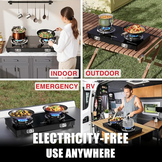 2 Burner Propane Stove 27,200 BTU High-Efficiency Tempered Glass Auto-Ignition Gas Burner Stove Top with CSA Hose for Outdoor RV Camping Emergency Cooking