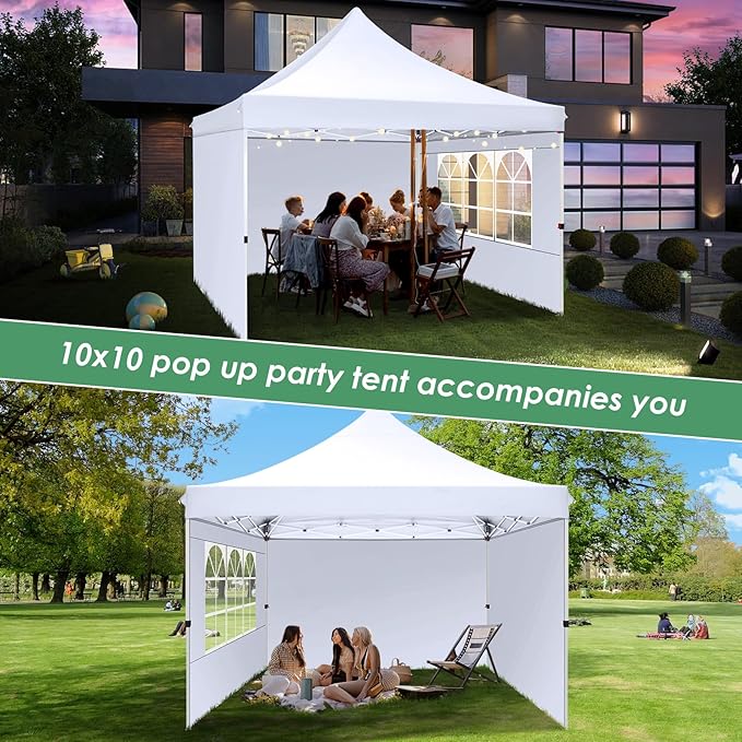 COBIZI Canopy 10x10 Pop Up Canopy Tent with 3 Sidewalls, Commercial Party Tent Ez Waterproof Outdoor Instant Gazebo UV 50+ Event Shelter, Garden Tents for Parties Camping with Sandbags，White