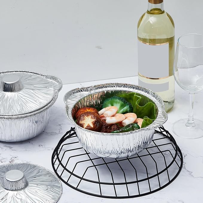 24 Disposable Aluminum Pot with Lid Round Foil Pans Disposable Cookware Food Container for Vacation Trips Camping Baking Heating Cooking (33.8 oz)