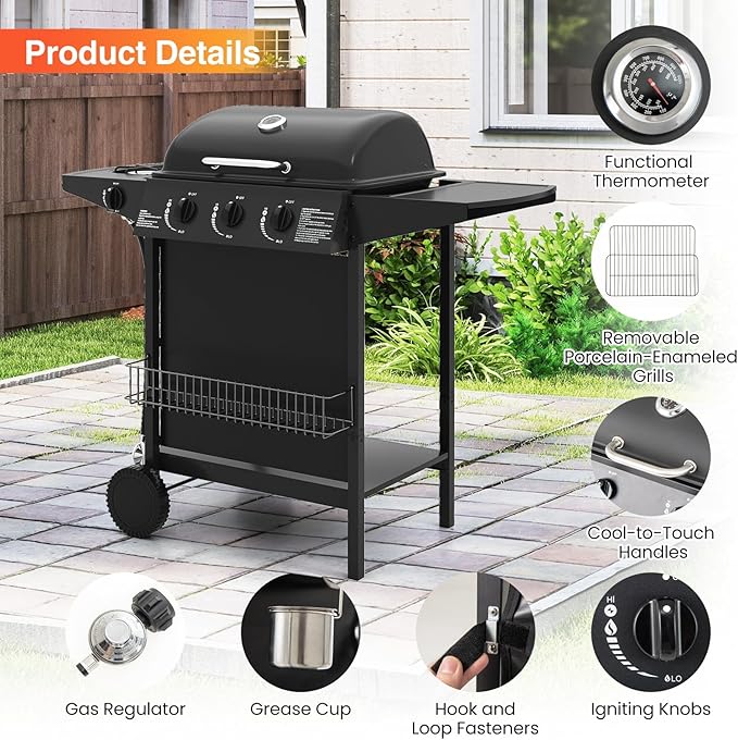 Happygrill 3 + 1 Burner Propane Gas Grill, 39,000 BTU Outdoor Cooking Grill w/Storage Shelves & Porcelain-Enameled Grates, Portable BBQ Grills on Wheels w/Thermometer for Backyard, Camping & Picnic