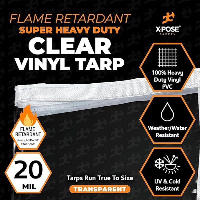 10' x 10' Clear Vinyl Tarp - Fire Retardant 20 Mil Super Heavy Duty Transparent Waterproof PVC Tarpaulin with Brass Grommets - for Patio Enclosure, Temporary Wall, Multipurpose - by Xpose Safety