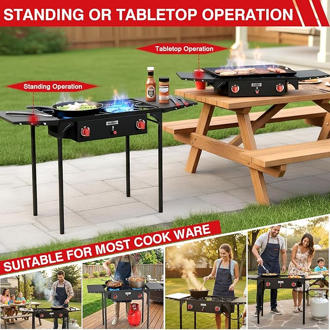 Bestfire 2 burner Camping Stove with Auto Ignition Button,Side Shelves & Regulator150,000 BTU High Pressure Gas Stove Propane Burner With Removable Legs for Outdoor BBQ&Backyard Cooking Camping Home