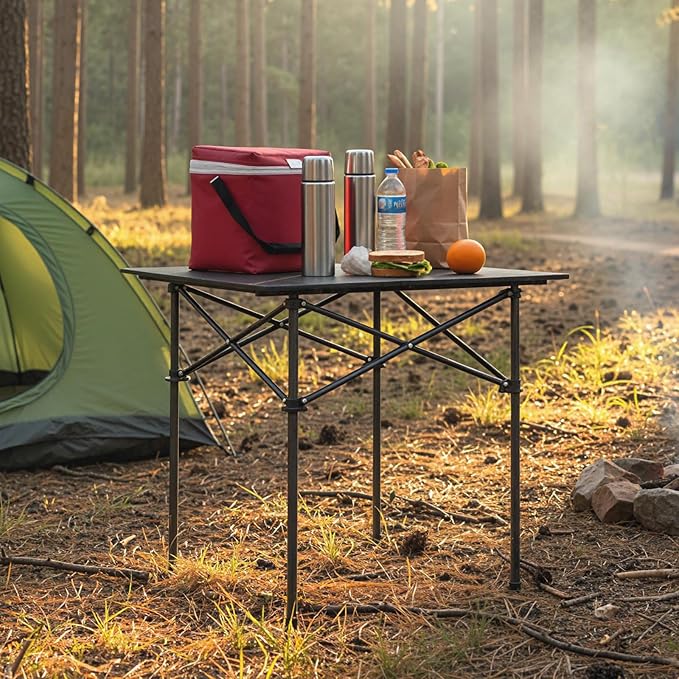 Giantex Folding Roll-up Camping Table, Outdoor Lightweight Aluminium Table for 4, Portable Square Table with Carry Bag for Picnic, Hiking, BBQ, Beach, Tailgating (28"x28"x27.5",Black)