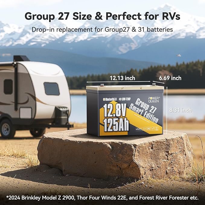 Power Queen Lithium Battery 12V 125Ah, Bluetooth Group 27 LiFePO4 Battery with Low-Temp Protection, 1600Wh Energy Max. 15000 Cycles for RV, Solar System, Trolling Motor