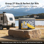 Power Queen Lithium Battery 12V 125Ah, Bluetooth Group 27 LiFePO4 Battery with Low-Temp Protection, 1600Wh Energy Max. 15000 Cycles for RV, Solar System, Trolling Motor