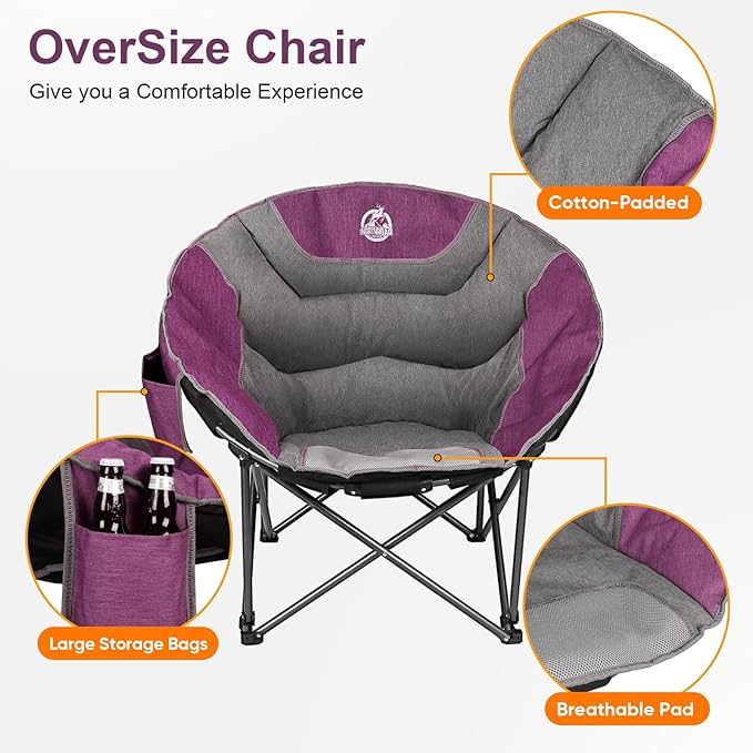 Northroad XXL Camping Moon Chair,Oversized Round Chair,Folding Padded Saucer w/Side Pocket,500lbs Capacity for Outdoor Hiking Fishing Picnic Lawn,Purple&Grey