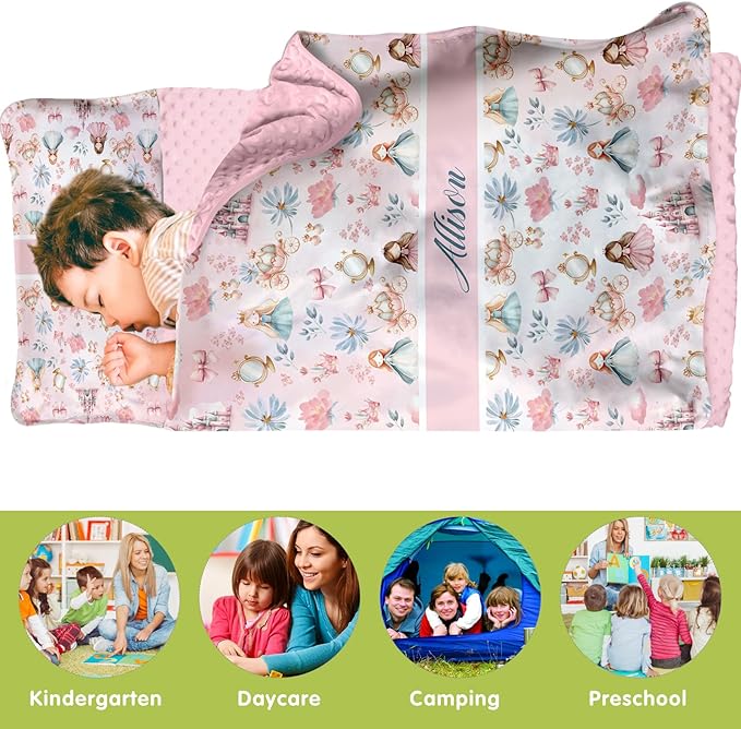 Personalized Toddler Nap Mat for Preschool, Custom Name Kids Sleeping Bag for Daycare, Kindergarten Roll Up Sleeping Mat with Removable Pillow and Soft Blanket, Fun Themes for Boys & Girls