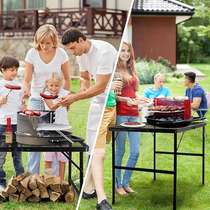 Folding Grill Table Camping Table with Mesh Desktop, Lightweight 3 FT Metal Table for Outside, Height Adjustable Portable Grill Tables for Camping, Picnic, Beach and BBQ, RV