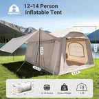 ABORON 2/6/8/10/12 Person Inflatable Camping Tent, Easy Setup Blow Up Tent with Hand Pump, PU3000mm Waterproof & Breathable 4 Season Glamping Tent for Outdoor Camping