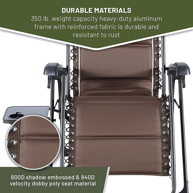 TIMBER RIDGE Aluminum Zero Gravity Chairs, Folding Recliner Chair Padded with Cup Holder and Headrest, Adjustable Lounge Reclining Chair for Outdoor Camping Lawn Patio Indoor, Supports 350lbs, Brown