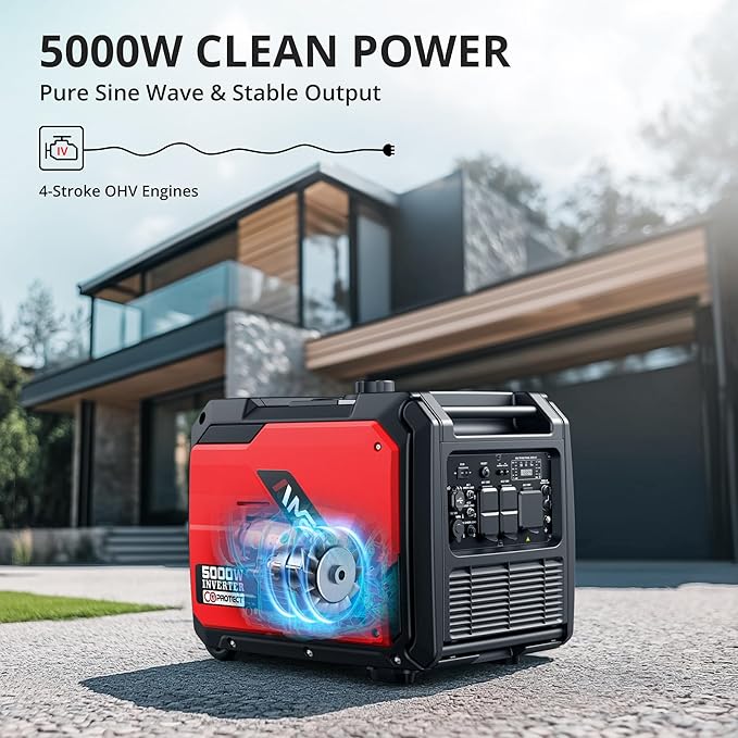 5000W Inverter Generator Gas Powered, CO Sensor, Super Quiet Gas Generator with RV Ready 30A Outlet, Wheels Handle Kit, Parallel Capable for Home Backup Emergency Use Camping, EPA Compliant
