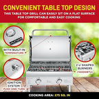 Lifemaster Portable Stainless Steel Gas Grill - 2 Burners Easy Clean Tabletop BBQ Propane Gas Grill with Foldable Legs and Wind Proof Lid for Camping and Outdoor - Silver