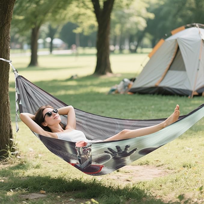 Funny Raccoons with Glasses Camping Hammock Single Portable Hammocks 330 lbs Capacity with 2 Tree Straps and Attached Carry Bag,Perfect for Outdoor,Indoor,Beach,Camping,Travel