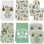 8 Pcs Camping Kitchen Gift Dish Towel Pot Holder Oven Mitt Set 4 Bonfire Tent Car Tea Towels with Funny Sayings Novelty 2 Oven Mitts 2 Pot Holders Camping Accessories Decor for Rv Campers