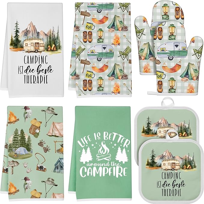 8 Pcs Camping Kitchen Gift Dish Towel Pot Holder Oven Mitt Set 4 Bonfire Tent Car Tea Towels with Funny Sayings Novelty 2 Oven Mitts 2 Pot Holders Camping Accessories Decor for Rv Campers
