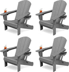 KINGYES Folding Adirondack Chair Set of 4, Dual Cup Holders & All-Weather HDPE, Wood-Like Patio Chair for Backyard, Camping, Pool & Fire Pit, Grey