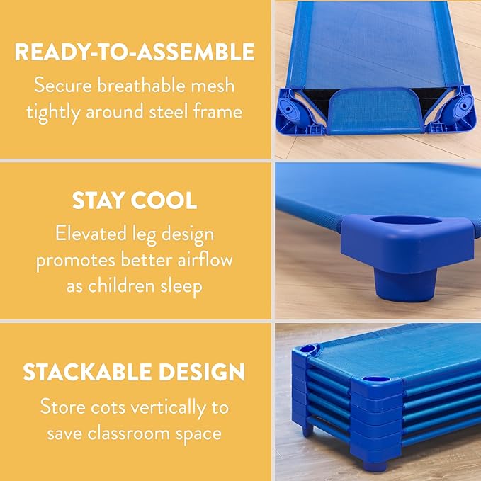 Sleepline Stackable Cot with Sheet, RTA, Sleeping Cot, Blue, 6-Pack
