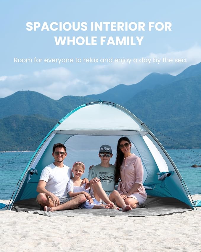 OutdoorMaster Beach Tent for 3/4/6/8 Person - Easy Setup Sun Shade Shelter, Portable Beach Shade Sun Canopy with UPF 50+ UV Protection, Removable Skylight Family Size