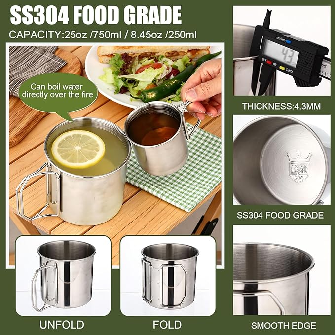 68oz Canteen Large Stainless Steel Water Bottle with 2 Nested Camping Cups Leak Proof Reusable Thickened Metal Canteen Wide Mouth Water Boiler Survival Gear for Camping Hiking and Backpacking
