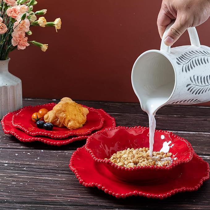 12 pcs Christmas Holiday Melamine Dinnerware Set, Ruffled Rim With Beaded Plates and Bowls Set of 4, Lightweight yet Durable Dishes tableware Set, Ideal for parties, camping, and RV trips