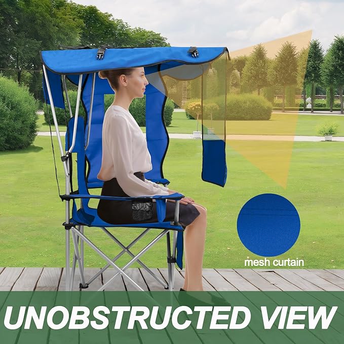 ptlsy Beach Chair with Canopy Shade Folding Camping Chair for Adults with Cup Holders, Cooler Bag for Camping, Fishing, Beach, Sports and Concert (Blue)