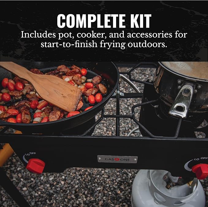 Gas One B-4545A Propane Double Burner Two Burner Camp Stove Outdoor High Pressure Propane 2 Burner Adjustable PSI Regulator and 4ft Hose With Removable Legs