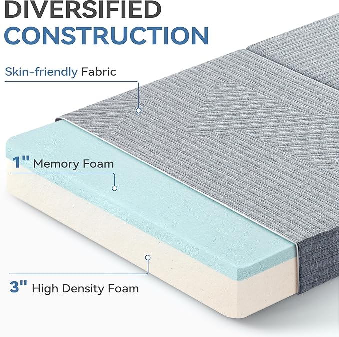 BDEUS Tri-Fold 4" Memory Foam Mattress Full Size Portable Bed, Foldable Floor Mat for Adults & Kids, Washable CertiPUR-US Certified Cover, Lightweight for Travel/Camping/Yoga